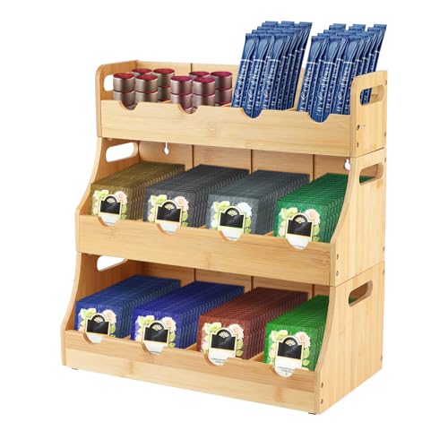 Teebeutelhalter aus Bambus, SHAIDOJIO 3 Ebenen Stapelbarer Teebeutel Organizer, Wand Mount Tee Organizer mit 12 Abnehmbaren Staufächern, Große Kapazität Tee Aufbewahrung für Teebeutel Kaffee Zucker von SHAIDOJIO
