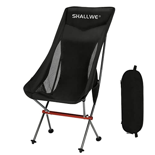 SHALLWE Ultraleichter, klappbarer Campingstuhl mit hoher Rückenlehne, verbesserte Aluminium-Struktur, Seitentasche und Tragetasche, kompakt und strapazierfähig für Outdoor-Rucksackreisen (Dark) von SHALLWE