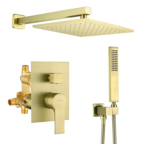 SHAMANDA L70001-3 Regenduschsystem, Messing, luxuriöses Badezimmer-Duscharmatur, Kombi-Set, gebürstetes Gold (inklusive rauem Ventilkörper und Zierleiste), L70001-3 von SHAMANDA
