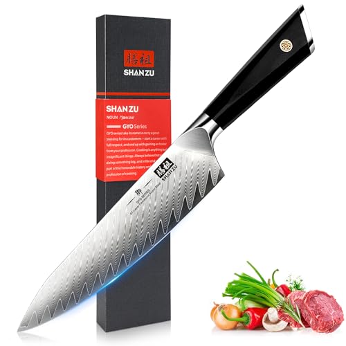 SHAN ZU Damast Kochmesser 21cm, Japanisch AUS10 Damastmesser Stahl 67-Schicht Twill Muster Küchenmesser Professional High Carbon Sharp Messer mit G10 Griff/Geschenkbox - GYO Series von SHAN ZU