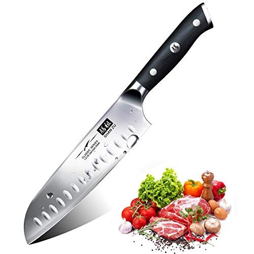 SHAN ZU Kochmesser Küchenmesser, Chefmesser Santoku Deutscher Carbon Edelstahl Scharfe Messerklinge 18cm Ergonomischer Griff Geschenkbox von SHAN ZU