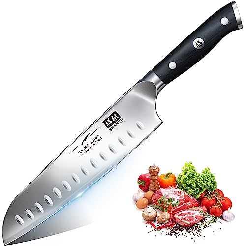 SHAN ZU Kochmesser Küchenmesser, Chefmesser Santoku Deutscher Carbon Edelstahl Scharfe Messerklinge 18cm Ergonomischer Griff Geschenkbox von SHAN ZU