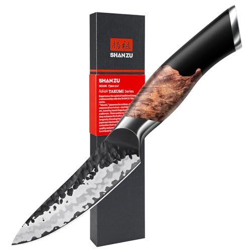 SHAN ZU 9 cm Gemüsemesser, Handgeschmiedetes Japanisches Obstmesser 7 Schichten Hochwertigem Carbon Stahl Extra Scharfe Schälmesser mit Ahornholzgriff von SHAN ZU