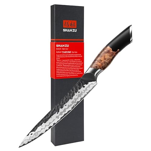 SHAN ZU Allzweckmesser Japanisches Kochmesser, 7 Schichten Hochwertigem Carbon Stahl Tranchiermesser, Ultra Scharf Profi Küchenmesser mit ergonomischem Ahornholzgriff Utility Knife von SHAN ZU