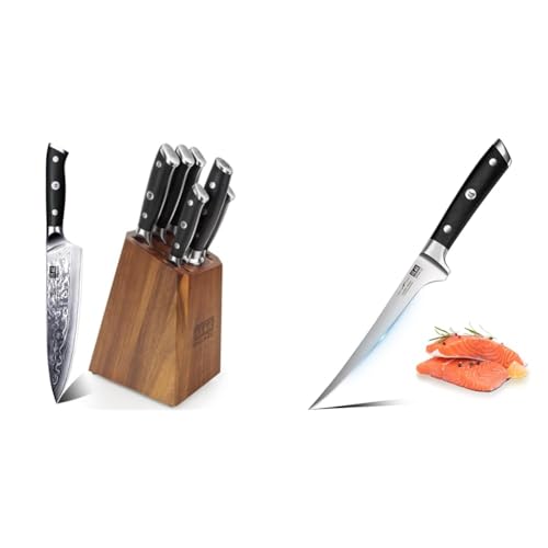 SHAN ZU Damaskus-Messerblock-Set der PRO-Serie, 5 Messer und 1 Honstahl mit Premium-Holz-Messerblock & Filetiermesser 7 Zoll - Randentbeinung von Fisch und Fleisch, professionelles Fischmesser von SHAN ZU
