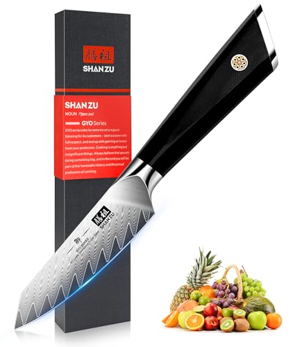 SHAN ZU Damastmesser Schälmesser Obstmesser scharf 9,3 cm Gemüsemesser Küchenmesser, 10Cr15MoV Japanischem Damaststahl 67-Schicht Damaszener Stahl Twill Muster Fruchtmesser mit G10 Griff - GYO Series von SHAN ZU