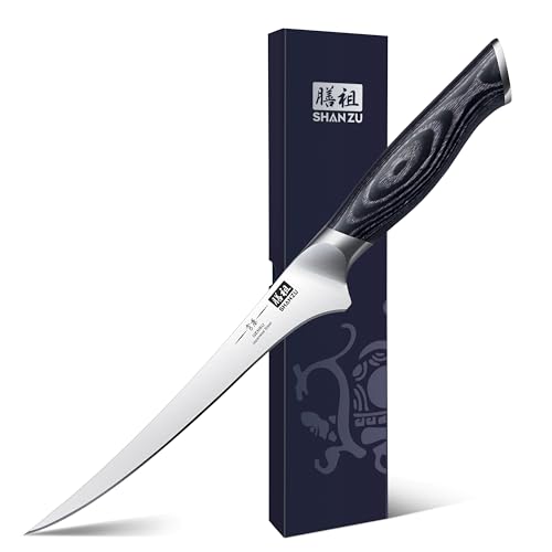 SHAN ZU Filetiermesser Ausbeinmesser 18CM Profi Scharf fischmesser Fischfiletmesser aus Japanischer Kohlenstoffstahl Kochmesser Küchemesser Lachsmesser mit K133 Holzgriff- Genbu Serie von SHAN ZU