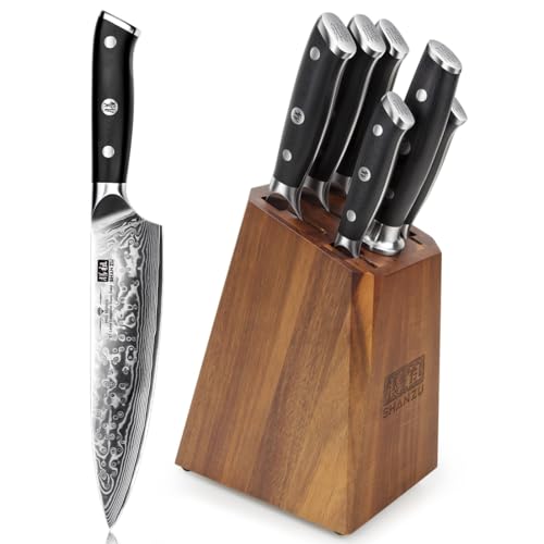SHAN ZU Damaskus-Messerblock-Set der PRO-Serie, 5 Messer und 1 Honstahl mit Premium-Holz-Messerblock von SHAN ZU