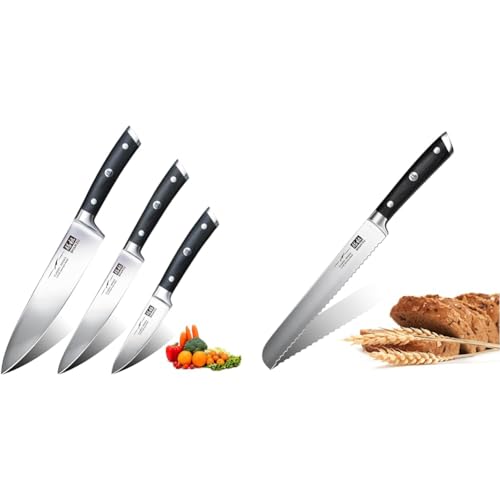 SHAN ZU Küchenmesserset 3 tlg & Brotmesser Messer Wellenschliff Küchenmesser Edelstahl 20 cm - CLASSIC Series von SHAN ZU