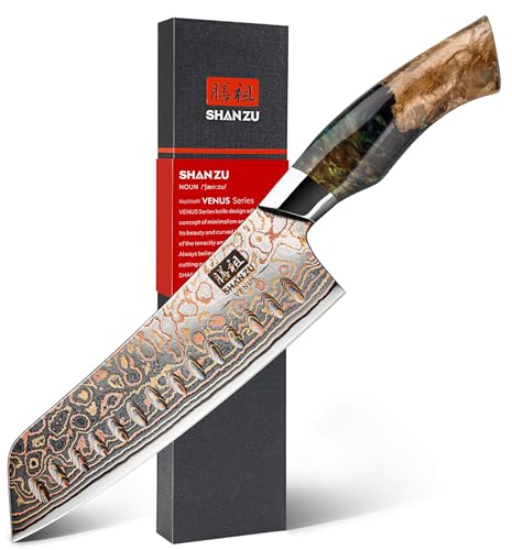 SHAN ZU Kupfer Damastmesser Santokumesser Japanisches Kochmesser 18 cm Küchenmesser Handgeschmiedet 33 Schichten Damaststahl Profi Messer Scharfes Fleischmesser mit Ahornholzgriff- VENUS-Serie von SHAN ZU