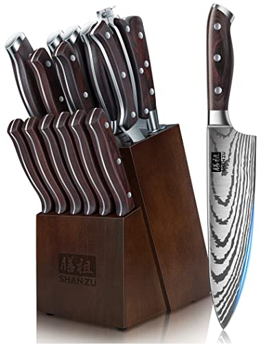 SHAN ZU Messerset 16 teilig, Japanisches Küchenmesser Set mit Block, Ultrascharfes Messerset für die Küche mit Block, Professionelles Kochmesserset mit Schärfer von SHAN ZU