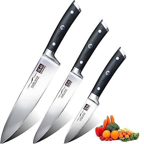 SHAN ZU Messerset 3-tlg, Profi Küchenmesser Kochmesser Set aus Deutscher Edelstahl Extra Scharfe Messer Set, 20cm Chefmesser & 15cm Allzweckmesser & 9.5cm Schälmesser von SHAN ZU
