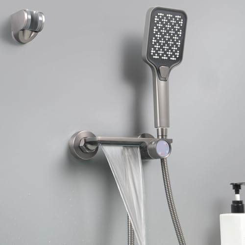 SHANFO Badewannenarmatur mit Handbrause, Wannenarmatur Wasserfall, Armatur Badewanne Set, Messing, Grau, 12Y7OK von SHANFO