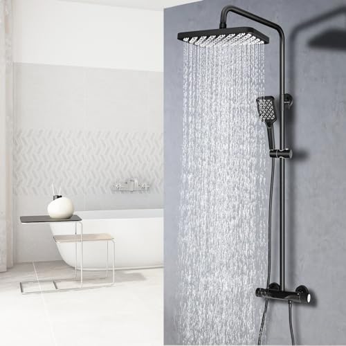 SHANFO Duschsystem mit Thermostat,Regendusche mit Armatur,Duschset mit Handbrause und 300 * 190MM Quadrat Regenbrause,Ein Tasten Wasserschalter,Schwarz,2S3OK von SHANFO