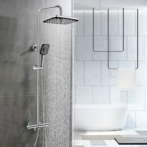 SHANFO Duschsystem mit Thermostat,Regendusche mit armatur,Duscharmatur Duschset mit 4 Funktion Handbrause und 11.8 * 7.5 Inch Kopfbrause,Chrom,1S1OK von SHANFO