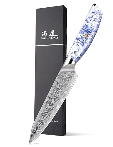 SHANGDAO 13 cm Küchen-Allzweckmesser, rasiermesserscharfe Obst- und Gemüse schälmesser, geschmiedeter Damaststahl mit Harzgriff Full-Tang – HUA-Serie von SHANGDAO