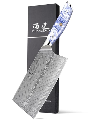 SHANGDAO 17,5 cm chinesisches Kochmesser, Hackbeil, Küchenmesser, professionelles Gemüsemesser, geschmiedeter Damaststahl mit blauem und weißem Harzgriff – HUA-Serie von SHANGDAO