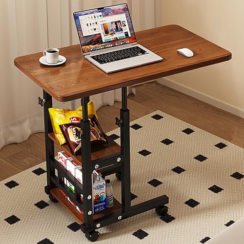 SHANGDAOYU Höhenverstellbarer C-förmiger Beistelltisch, mit 3-stufigen Ablagefächern, Couchtisch mit Metallgestell, Kleiner TV-Tisch for Wohnzimmer, Schlafzimmer, 4 Rollen(Brown) von SHANGDAOYU