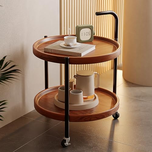 SHANGDAOYU Runder Beistelltisch aus Holz, Kleiner Nachttisch mit Armlehnen und Rollen, for kleine Räume, Wohnzimmer, Schlafzimmer(M) von SHANGDAOYU