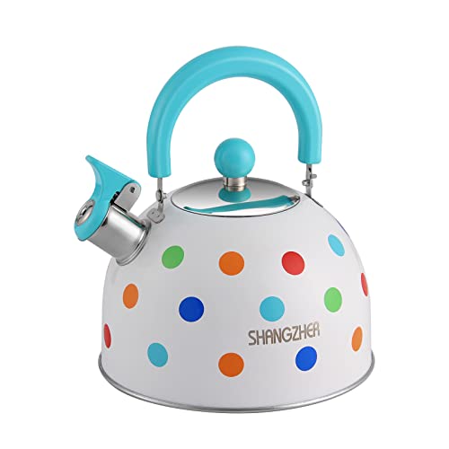 SHANGZHER Polka Dots Teekessel Stovetop, Edelstahl Pfeifen Wasserkocher Teekannen für Herdplatte 2,5 Liter Blau von SHANGZHER