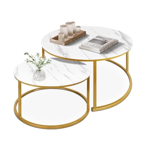 SHANHENGYUN Runder Nesting Couchtisch 2er Set, Wohnzimmer Couchtische mit goldenem Metallrahmen und Marmormuster-Oberseite, stabile Beistelltische für Wohnung oder Büro, einfache Montage SHANHENGYUN Runder Nesting Couchtisch 2er Set, Wohnzimmer Couchtische mit goldenem Metallrahmen und Marmormuster-Oberseite, stabile Beistelltische für Wohnung oder Büro, einfache Montage von SHANHENGYUN