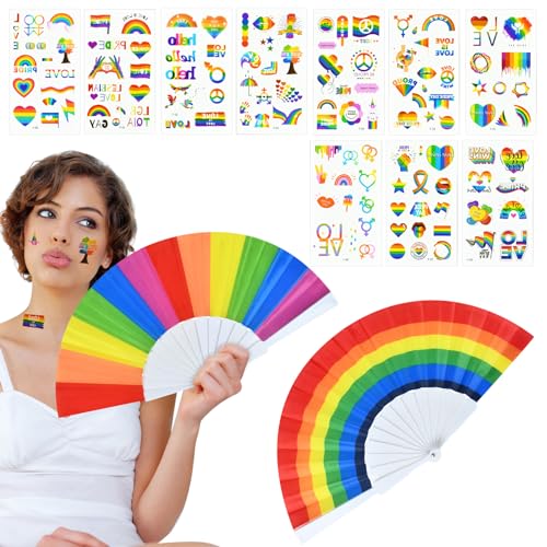 Pride Fächer,Regenbogen Fächer,Pride Handfächer Faltbare,mit Pride Tattoos,für LGBT Pride Party, Pride Month Parade,CSD Pride Accessoires Frauen Männer（C） von SHANKAM
