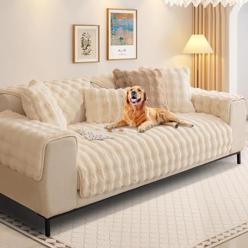 Kaninchen Plüsch Sofabezug L Form 1/2/3/4 Sitzer Sofa Überzug Ecksofa U Form, 2024 Neue Universelle rutschfeste Sofaschoner, Superweiche SofaÜberwurf aus Kunstpelz für Wohnzimmer(Creme, 70 * 150 cm) von SHANNA