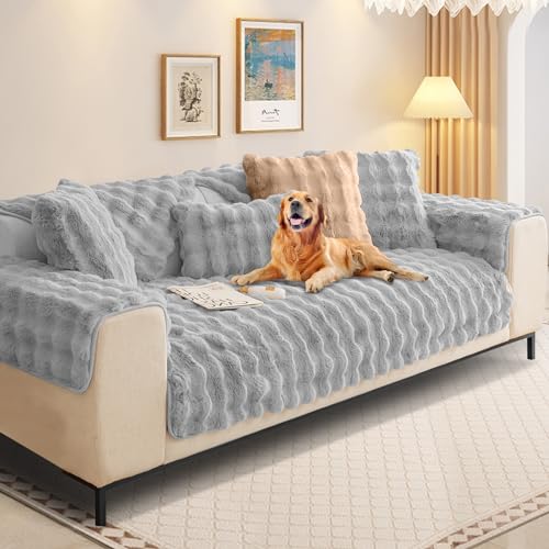 Kaninchen Plüsch Sofabezug L Form 1/2/3/4 Sitzer Sofa Überzug Ecksofa U Form, Neue Universelle rutschfeste Sofaschoner, Superweiche SofaÜberwurf aus Kunstpelz für Wohnzimmer(Hellgrau, 90 * 240cm) von SHANNA