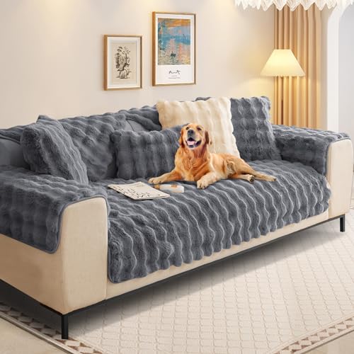 Kaninchen Plüsch Sofabezug L Form 1/2/3/4 Sitzer Sofa Überzug Ecksofa U Form, 2024 Neue Universelle rutschfeste Sofaschoner, Superweiche SofaÜberwurf aus Kunstpelz für Wohnzimmer(Grau, 110 * 110 cm) von SHANNA