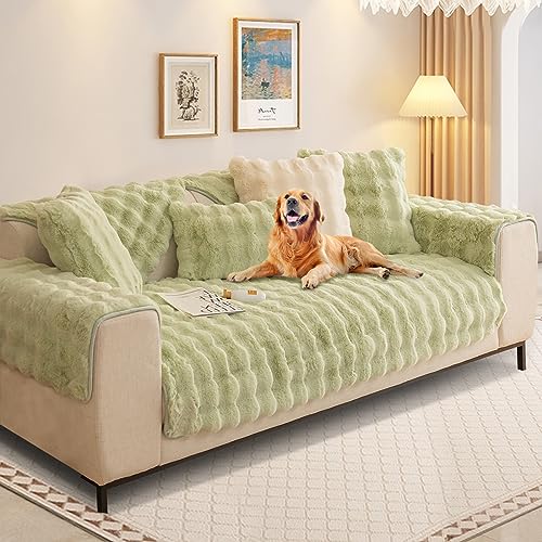 Kaninchen Plüsch Sofabezug L Form 1/2/3/4 Sitzer Sofa Überzug Ecksofa U Form, Neue Universelle rutschfeste Sofaschoner, Superweiche SofaÜberwurf aus Kunstpelz für Wohnzimmer(Grün, 90 * 240 cm) von SHANNA