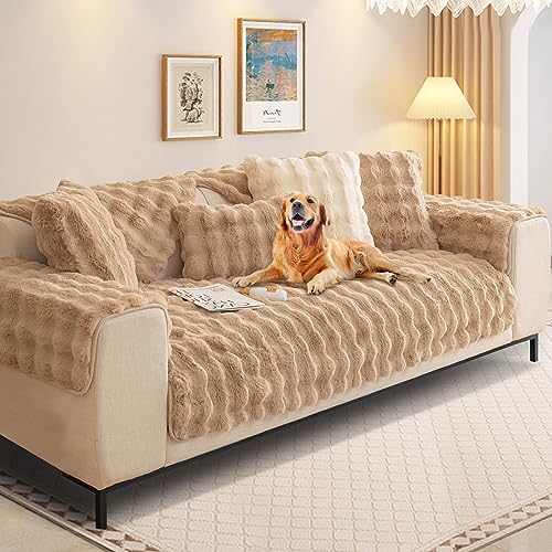 Kaninchen Plüsch Sofabezug L Form 1/2/3/4 Sitzer Sofa Überzug Ecksofa U Form, Neue Universelle rutschfeste Sofaschoner, Superweiche SofaÜberwurf aus Kunstpelz für Wohnzimmer(Khaki, 70 * 210 cm) von SHANNA