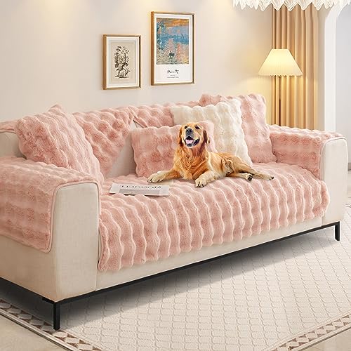 Kaninchen Plüsch Sofabezug L Form 1/2/3/4 Sitzer Sofa Überzug Ecksofa U Form, Neue Universelle rutschfeste Sofaschoner, Superweiche SofaÜberwurf aus Kunstpelz für Wohnzimmer(Rosa, 70 * 150 cm) von SHANNA