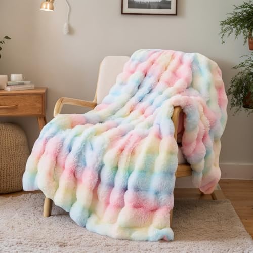 Kuscheldecke Kaninchen Plüsch Decke Super Soft Wohndecke Dick 1000 G/M² Flanell Decke Couchdecke Warme Überwurfdecke Sofadecke Vielseitig Blanket Für Bett Sofa Schlafzimmer Büro Regenbogen 100 x 160cm von SHANNA