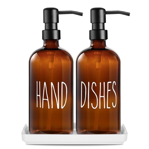 Premium Glas Seifenspender Set: 2er-Pack Flüssighändeseifenspender-Gefäß mit Keramiktablett, 500 ml / 17 oz Boho-Pumpflasche, nachfüllbarer Händeseifenspender für Küchenspüle (Bernstein) von SHANNA