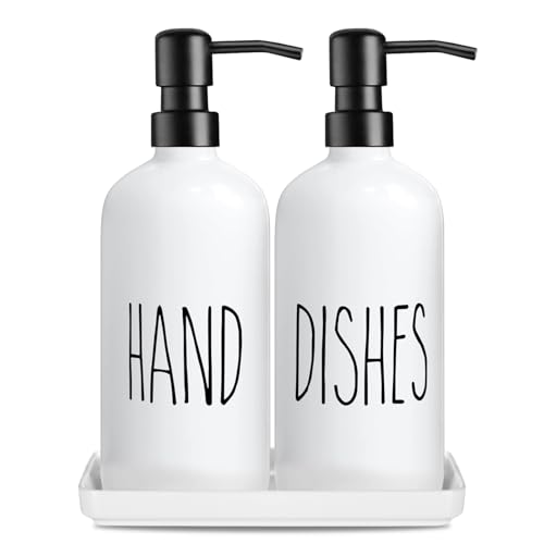 Premium Glas Seifenspender Set: 2er-Pack Flüssigseifenspender mit Keramiktablett, 500 ml / 17 oz Händeseife und Geschirrspülmittelspender dickwandige Glas-Badflaschen,für Arbeitsplatte (Weiß) von SHANNA