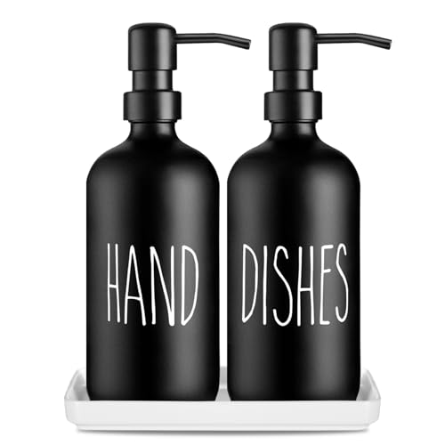 Premium Glas Seifenspender Set: 2er-Pack Spenderflaschen mit Keramiktablett, 500 ml / 17 oz Bauernhaus-Seifen-Lotionspender, Nachfüllbarer Händeseifenspender für Küche und Bad (Schwarz) von SHANNA