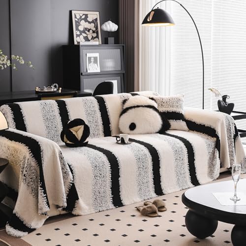 SHANNA Gestreift Samt Sofa Überwurfdecke 1/2/3/4 Sitzer, Einfache Installation Sofaschoner Sofabezug L Form U Ecksofa Große SofaÜberzug, Sofaüberwurf Couch Überzug Sofa Cover Futonbezug mit Quaste von SHANNA