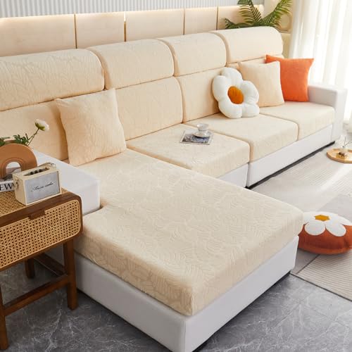 SHANNA Sofa Überzug Stretch, Couch Sofabezug 1 2 3 Sitzer L Form Ecksofa, Sofa Cover Sitzkissenbezug Sofaüberwürfe rutschfest Möbelschutz mit Elastischem Boden,(Blätter Helles Apricot, Recamiere) von SHANNA