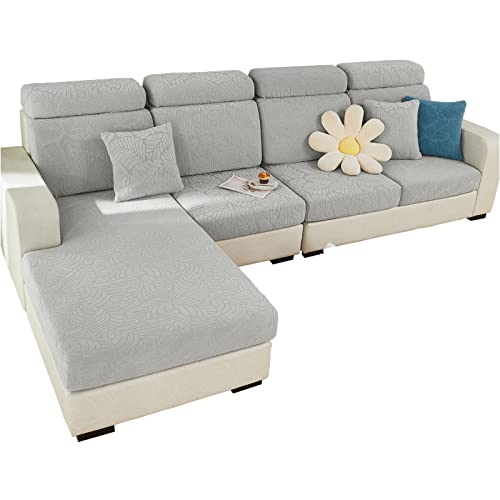 SHANNA Sofa Überzug Stretch, Couch Sofabezug 1 2 3 Sitzer L Form Ecksofa, Sofa Cover Sitzkissenbezug Sofaüberwürfe rutschfest Möbelschutz mit Elastischem Boden,(Blätter Hellgrau, Rückenkissen) von SHANNA