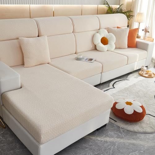 SHANNA Sofa Überzug Stretch, Couch Sofabezug 1 2 3 Sitzer L Form Ecksofa, Sofa Cover Sitzkissenbezug Sofaüberwürfe rutschfest Möbelschutz mit Elastischem Boden, Weben Helles Apricot Chaise Abdeckung von SHANNA