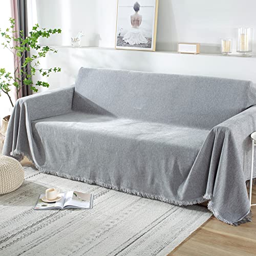 Sofa überwurfdecke für 2-/3-/4-Sitzer, sofaüberwurf Decke Couch überwurf Baumwolle Waschbar Anti-rutsch Schmutzabweisend Kissen couchdecke überwurf Nahtlos mit Quasten(180 x 300 cm, hellgrau) von SHANNA