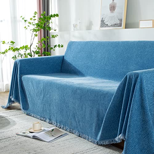 Sofa überwurfdecke für 2-/3-/4-Sitzer, sofaüberwurf Decke Couch überwurf Baumwolle Waschbar Anti-rutsch Schmutzabweisend Kissen couchdecke überwurf Nahtlos mit Quasten(180 x 300 cm, blau) von SHANNA