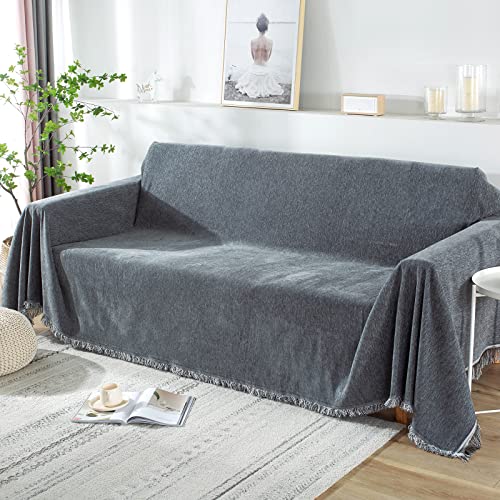 Sofa überwurfdecke für 2-/3-/4-Sitzer, sofaüberwurf Decke Couch überwurf Baumwolle Waschbar Anti-rutsch Schmutzabweisend Kissen couchdecke überwurf Nahtlos mit Quasten(180 x 300 cm, dunkelgrau) von SHANNA