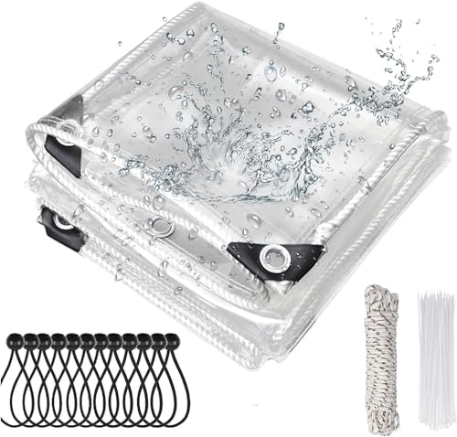 Transparente Plane mit ösen 420g/m² 2x4m, Abdeckplane Zeltplane Wasserdicht mit Seil Kabelbinder Schwarzen Ballseilen, PVC Material Wetterfeste Plane zum Regenschutz für Gewächshaus Gartenmöbel Transparente Plane mit ösen 420g/m² 2x4m, Abdeckplane Zeltplane Wasserdicht mit Seil Kabelbinder Schwarzen Ballseilen, PVC Material Wetterfeste Plane zum Regenschutz für Gewächshaus Gartenmöbel von SHANNA