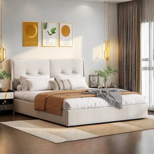Boxspringbett 140x200, Doppelbett mit LED Kopfteil, Jugendbett mit Hydraulisch Stauraum, Polsterbett mit Lattenrost, Funktionsbett Bettgestell Rückenlehne, Beige, Samt ohne Matratze von SHAODENG