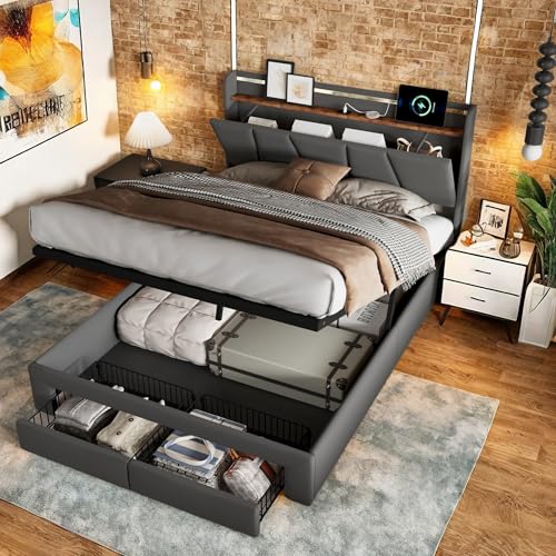 Boxspringbett 160x200 Bettgestell mit Lattenrost, Polsterbett Doppelbett mit LED und USB-Ladefunktion, Hydraulisch Stauraumbett mit 2 Schubladen, Grau Samt Gepolsterte Bett, Ohne Matratze von SHAODENG