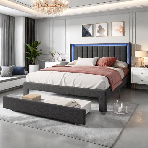 Jugendbett 140x200, Bett mit Stauraum und Lattenrost, Kopfteil mit LED und USB-Ladefunktion, Funktionsbett Bettgestell Rückenlehne, Dunkelgrau Linen Doppelbett, ohne Matratze von SHAODENG