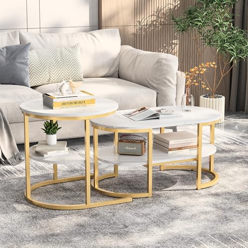 SHAODENG 2er Set Couchtisch 2 in 1 Rund Rechteckig Satztische mit Stauraum Marmor Optik MDF Coffee Table Metallrahmen Wohnzimmertisch Couchtisch von SHAODENG