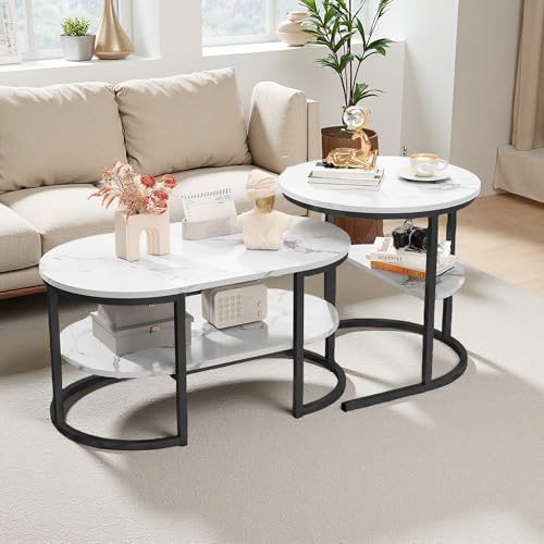 2er-Set Couchtisch Satztische mit Stauraum Beistelltisch aus Weiß Marmoroptik und Schwarz Stahl Gestell Marmor Sinterstein fürs Wohnzimmer von SHAODENG