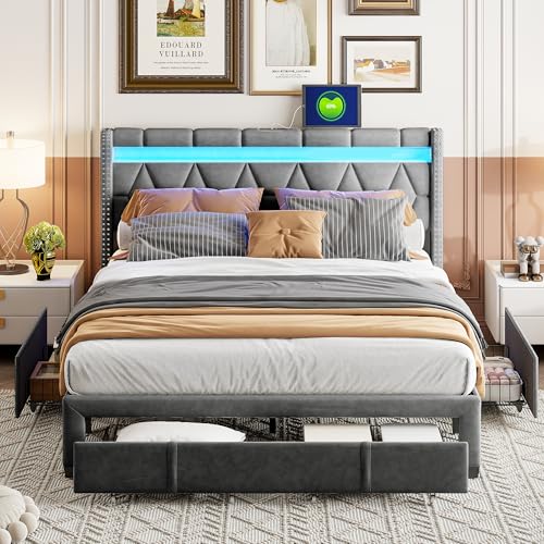 SHAODENG Bett 140x200 mit Stauraum, Polsterbett mit LED und USB-Ladefunktion, Doppelbett mit Lattenrost und Bettkasten, Funktionsbett Stauraumbetten mit 4 Schubladen, Linen, Ohne Matratze, Grau von SHAODENG